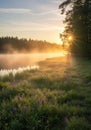 Misty Sunrise Over River and Forest Royalty Free Stock Photo