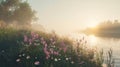 Misty Sunrise Over River With Pink Flowers Royalty Free Stock Photo