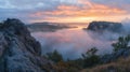 Misty Sunrise Over River Valley and Rocky Cliffs Royalty Free Stock Photo