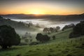 misty sunrise over the rolling hills, with mist still clinging to the ground