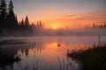 misty sunrise over serene lake