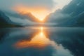 Misty Sunrise Serenity at Mountain Lake. Concept Natural Beauty, Sunrise Views, Serene Atmosphere, Royalty Free Stock Photo