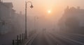 Misty Sunrise Town Street Scene Royalty Free Stock Photo