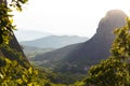 Misty at sunset of hot day on Moni Agias Varvaras Roussanou on top of rock Meteora, Greece.