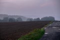 misty sunset, plowed field, red clouds, dreamy landscape