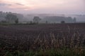 misty sunset, plowed field, red clouds, landscape