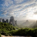 Misty at sunset on rocks of Meteora, Greece