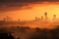 Misty sunset shrouds the urban landscape in an ethereal ambiance