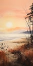 Misty Sunset: A Tranquil Beach And Forest Landscape Painting Royalty Free Stock Photo