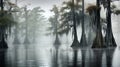 A misty swamp with cypress trees and reflections on the water Royalty Free Stock Photo