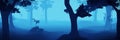 Foggy fantasy forest, blue 3d landscape illustration banner