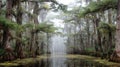 Misty Swamp Landscape with Cypress Trees and Spanish Moss Royalty Free Stock Photo