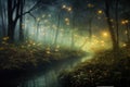 misty swamp scene with fireflies dancing in the air