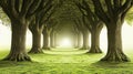 Misty tree tunnel path, green field, sunlight Royalty Free Stock Photo