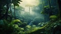 Misty tropical jungle panorama with lush green foliage, mysterious atmosphere, and exotic beauty. Perfect for travel and adventure