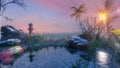 Misty tropical panorama scene at sunset