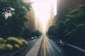 Misty urban street in city with modern buildings and trees, created using generative ai technology
