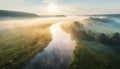 misty valley with river