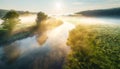 misty valley with river