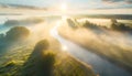 misty valley with river