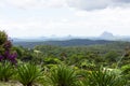 Misty view of the Glasshouse Mountains from Maleny. Royalty Free Stock Photo