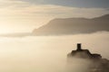 Misty view of Tower of Castello Dorio. Vernazza. Cinque Terre National Park. Liguria. Italy