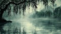 Misty weeping willow lake view Royalty Free Stock Photo