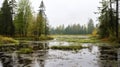 Misty Wetland: Serene Cabincore Scene With Fog And Rainy Weather