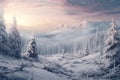Misty winter dawn over a snow-clad forest, AI Generated