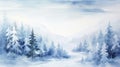 Misty Winter Hill: A Serene Watercolor Background of a Blue Landscape in a Foggy Forest AI Generated