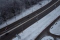 Misty winter landscape, road, snowy forest. View from above.selective focus Royalty Free Stock Photo