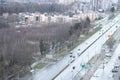 Misty winter landscape, road, snowy forest. View from above.selective focus Royalty Free Stock Photo