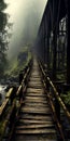 Misty Wood Bridge: A Dieselpunk Inspired Wilderness Crossing Royalty Free Stock Photo