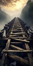 Misty Wooden Bridge: Dark And Gritty Gravity-defying Adventure Royalty Free Stock Photo