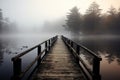 Misty wooden pier leading into calm lake at dawn