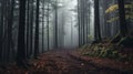 A misty woodland scene with tall trees and a path leading into the unknown Royalty Free Stock Photo