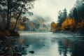 Misty woodland Winding river, autumn trees, serene morning with text space Royalty Free Stock Photo