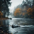 Misty woodland Winding river, autumn trees, serene morning with text space Royalty Free Stock Photo