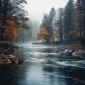 Misty woodland Winding river, autumn trees, serene morning with text space Royalty Free Stock Photo