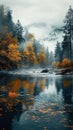 Misty woodland Winding river, autumn trees, serene morning with text space Royalty Free Stock Photo