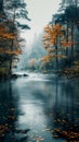 Misty woodland Winding river, autumn trees, serene morning with text space Royalty Free Stock Photo