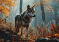 Feral Determination: A Golden Portrait of a Wolf in the Foggy Wo