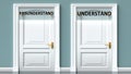 Misunderstand and understand as a choice - pictured as words Misunderstand, understand on doors to show that Misunderstand and