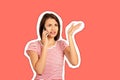 Misunderstanding and distant call young woman talking on mobile phone has many questions. emotional girl Magazine collage style Royalty Free Stock Photo