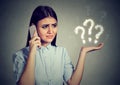 Misunderstanding. Upset woman talking on mobile phone has many questions Royalty Free Stock Photo