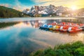 Misurina alpine lake at sunset in Dolomites mountains, Italy, Europe Royalty Free Stock Photo