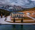 Misurina, Italy - Aerial view of Cristallo mountains of the Italian Dolomites at Lake Misurina in South Tyrol