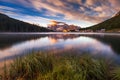 Misurina Lake, on Dolomites (Italian Alps) seen at sunrise. Sorapiss mountain in the background. South Tyrol, Dolomites, Italy. Royalty Free Stock Photo