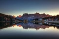 Misurina Lake, on Dolomites Italian Alps seen at sunset. Sorap