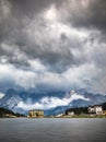 Misurina Lake in the Dolomites mountains in Italy near Auronzo d Royalty Free Stock Photo